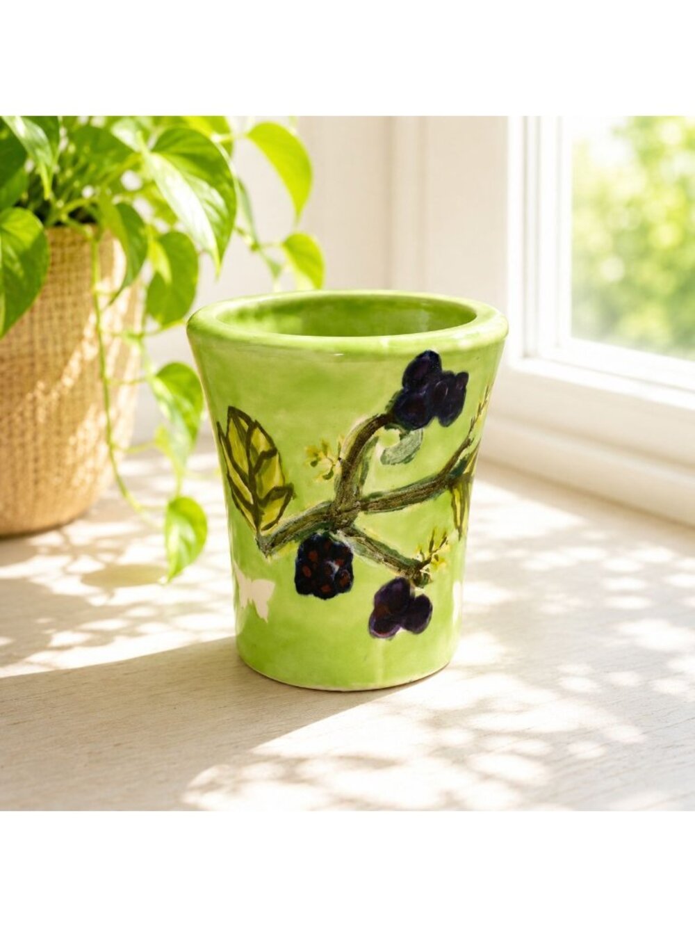 Hand-Painted Green Ceramic Vase With Blackberry & Leaf Design 5" Tall Signed Bas